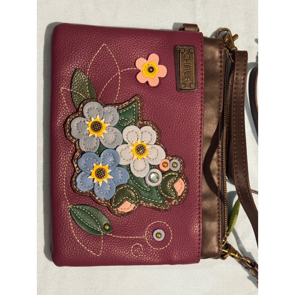 Chala Plum Purple Floral Applique Crossbody Bag Vegan Leather Small Messenger - Picture 4 of 10